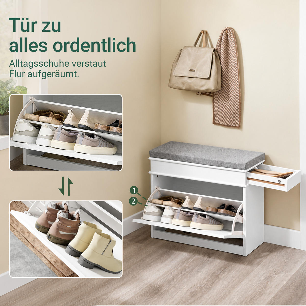 SCHUHBANK Weiß, 61x24 cm, graues Polster, Druckauszug, 4 Paar, bis 150 kg - Weiß, Holzwerkstoff (61/51/24cm) - SoBuy