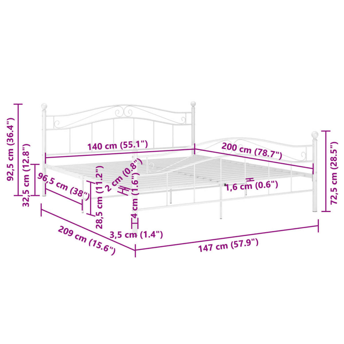 BETT Weiss Metall 140/200 Cm - Weiß, Holz (140/200cm) - vidaXL