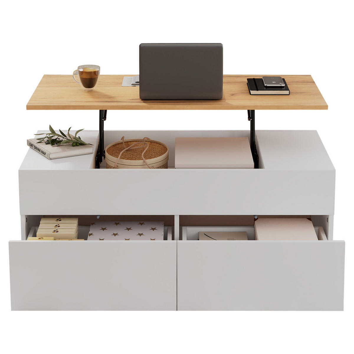 COUCHTISCH 100x50cm Weiß Holzoptik Höhenverstellbar 2 Schubladen Stauraum - Weiß, Holz (111.13/58.42/11.43cm) - FLIEKS