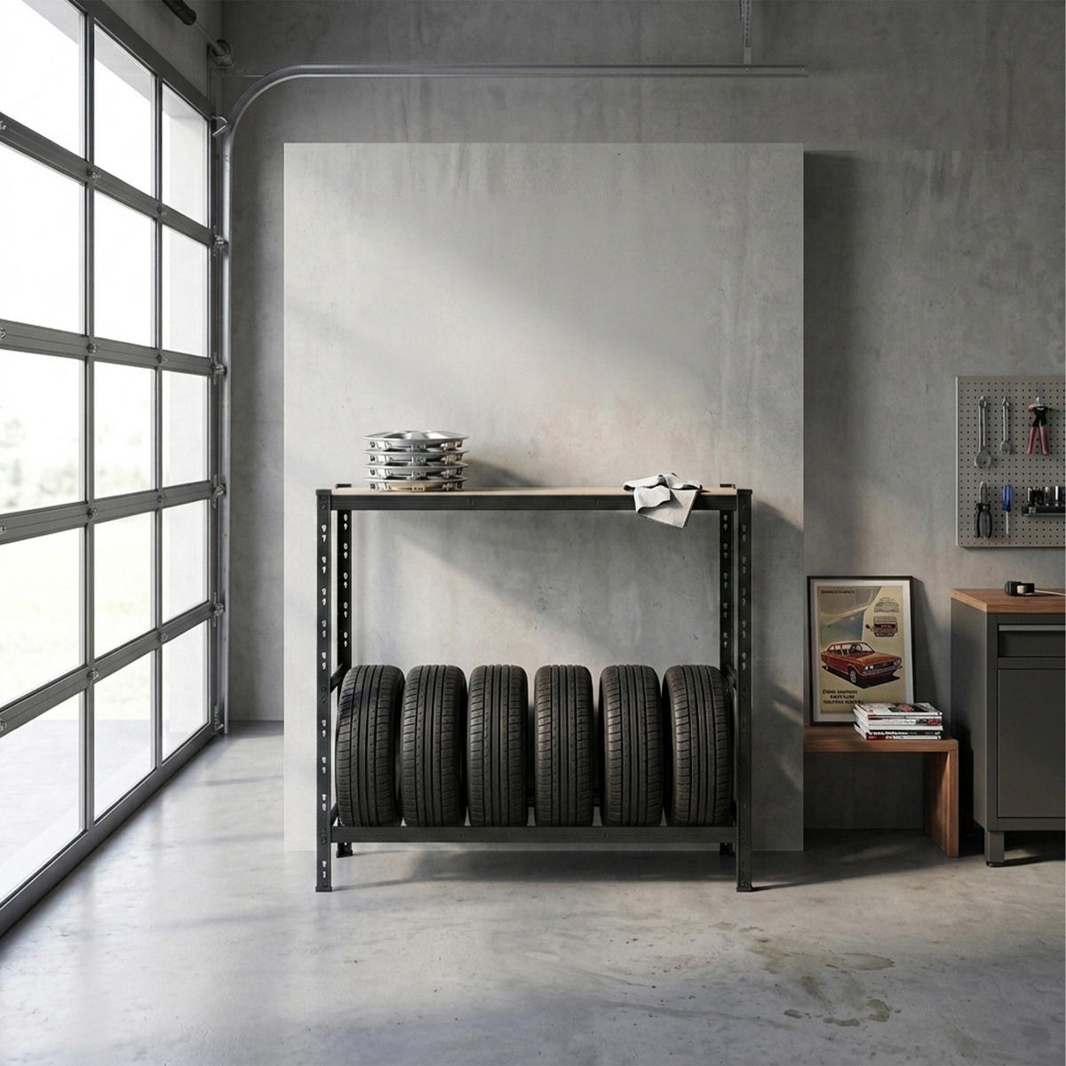STOJAN na pneu - černá, kov/kompozitní dřevo (120/110/40cm) - Relaxdays