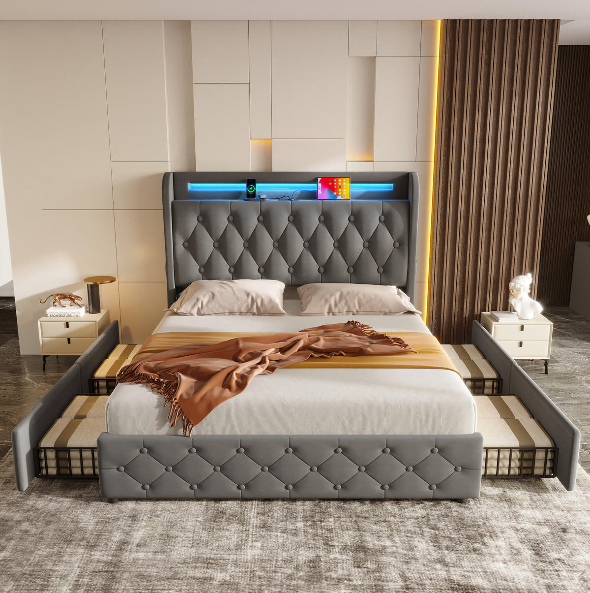 ČALÚNENÁ posteľ z látky a kovu 140x190 cm sivá s RGB LED osvetlením, USB-C a 4 zásuvkami - sivá, textil (140/190cm) - Modfu