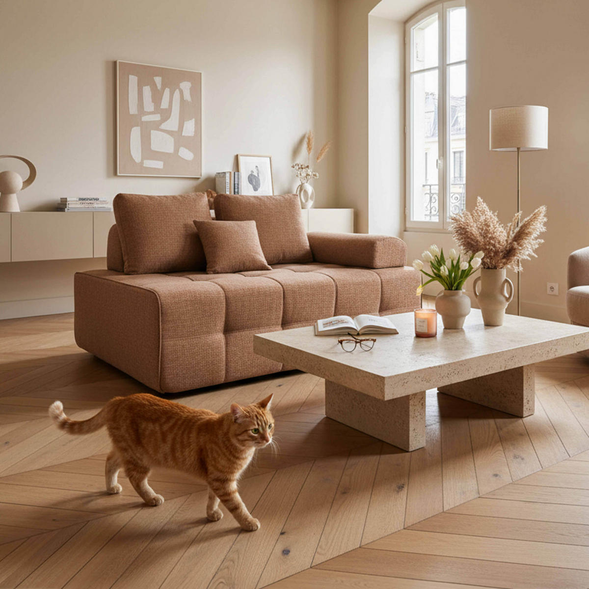 LINKER SESSEL, Terrakotta - Braun, Textil (140/65/112cm) - Oviala
