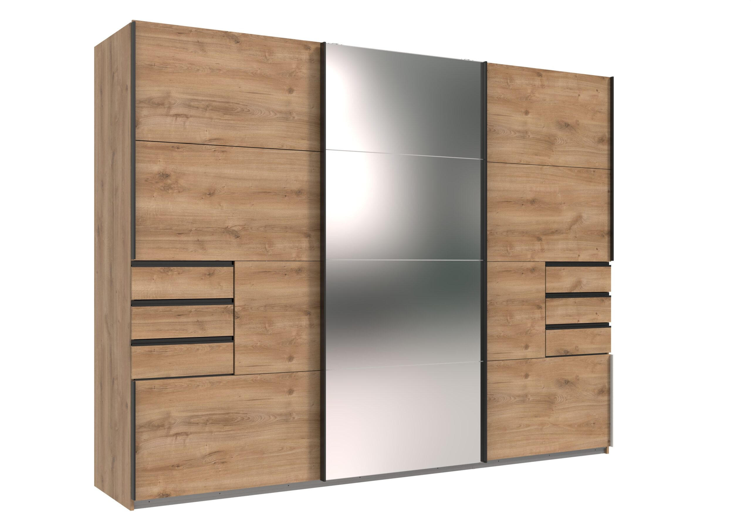 KLEIDERSCHRANK Saigon in Plankeneiche und schwarzen Griffen mit einer Spiegel Türfront – Schwebetürenschrank 3 türig - 270 cm Breite - Braun, Holzwerkstoff (80/200/120cm)