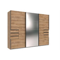 KLEIDERSCHRANK Saigon in Plankeneiche und schwarzen Griffen mit einer Spiegel Türfront – Schwebetürenschrank 3 türig - 270 cm Breite - Braun, Holzwerkstoff (80/200/120cm)