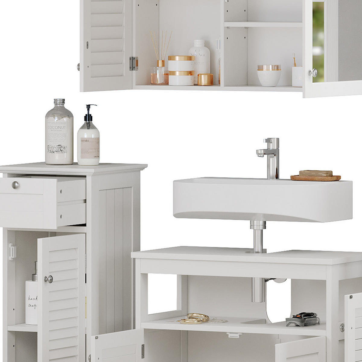 BADMÖBEL-SET Riad Weiß 4 Teile, Option 2 - Weiß, Holzwerkstoff (60/60/30cm) - Vicco