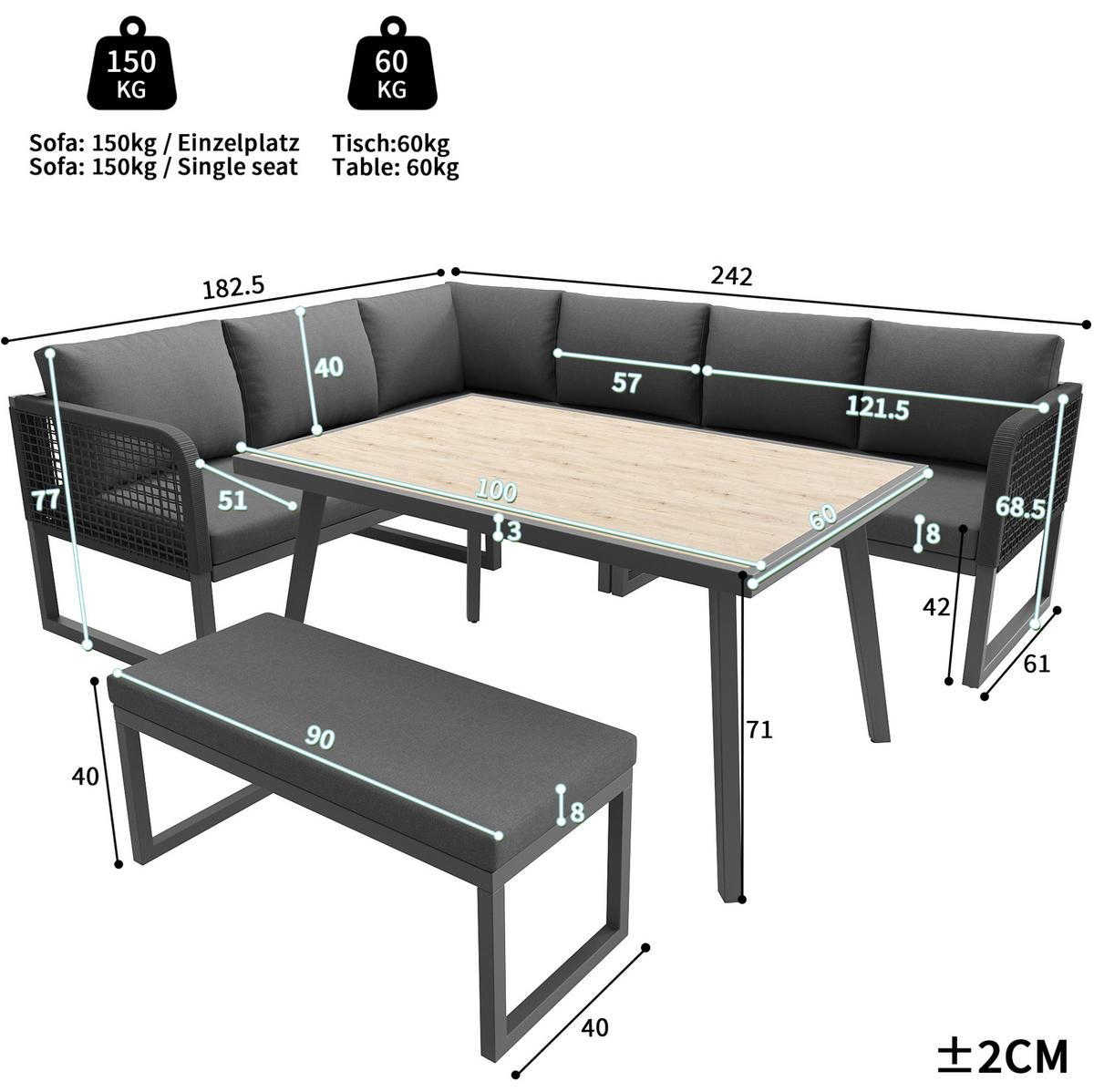 GARTENLOUNGE-SET aus PE-Rattan mit Tisch & waschbaren Kissen, 5-teilig, 121,5/61/77 cm, Grau - Grau, Kunststoff - Redom