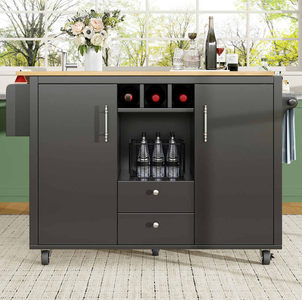 KÜCHENINSEL 137,9/73/92,2 cm schwarz aus MDF/Metall mit Klapptisch - Schwarz, Holzwerkstoff (137.9/92/73cm) - OKWISH