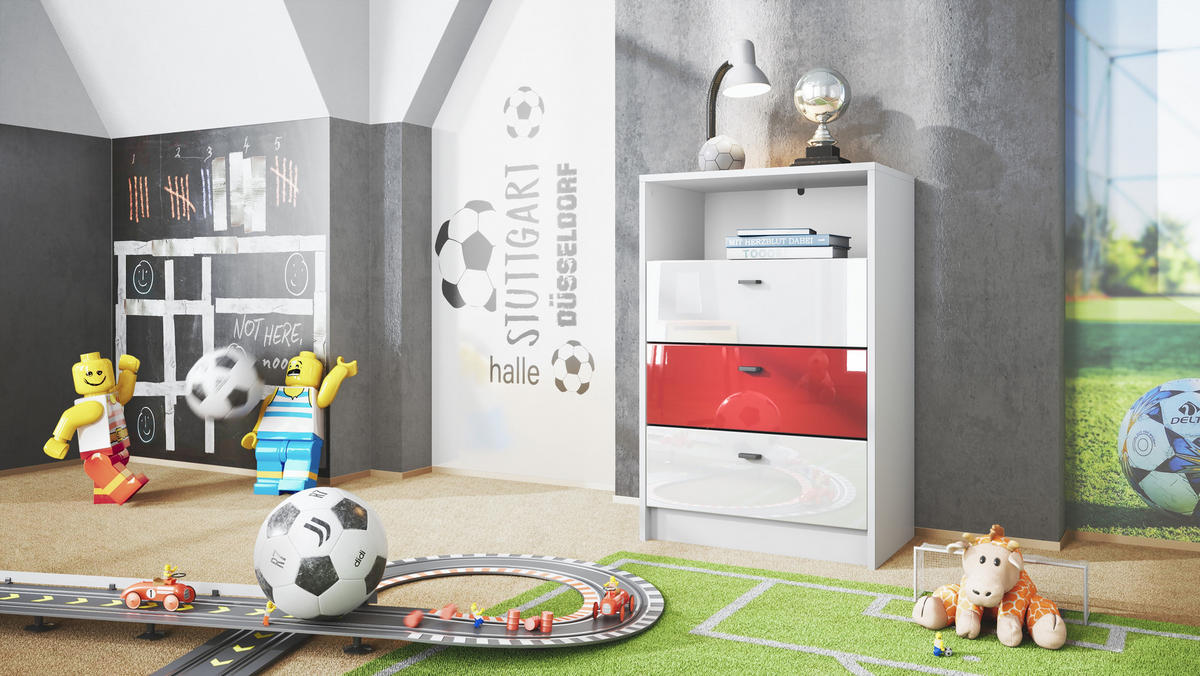KOMMODE Pino Fronten Weiß, Rot & Weiß - Weiß, Holzwerkstoff (56/86/36cm) - Vladon