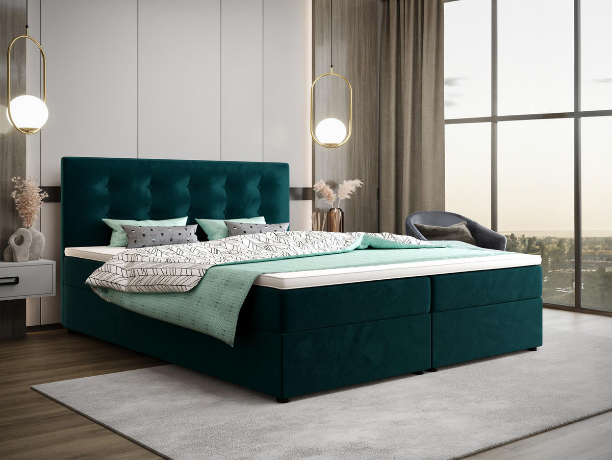 BOXBETT FADO 22 mit Matratze H3, Bonell und Topper 160x200 Itaka 39 - Türkis, Holz/Textil (160/200cm) - Bedante