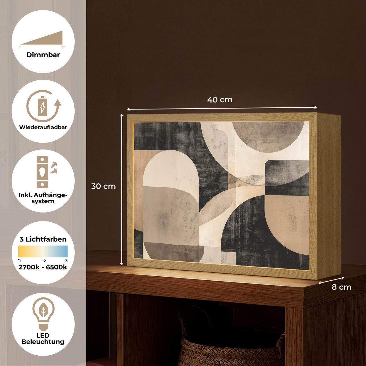 NÁSTĚNNÁ LAMPA S AKUMULÁTOREM Abstraktní - Tvary - Moderní - Béžová 40x30 cm - šedá, kompozitní dřevo (40/30/8cm) - OnlyWow