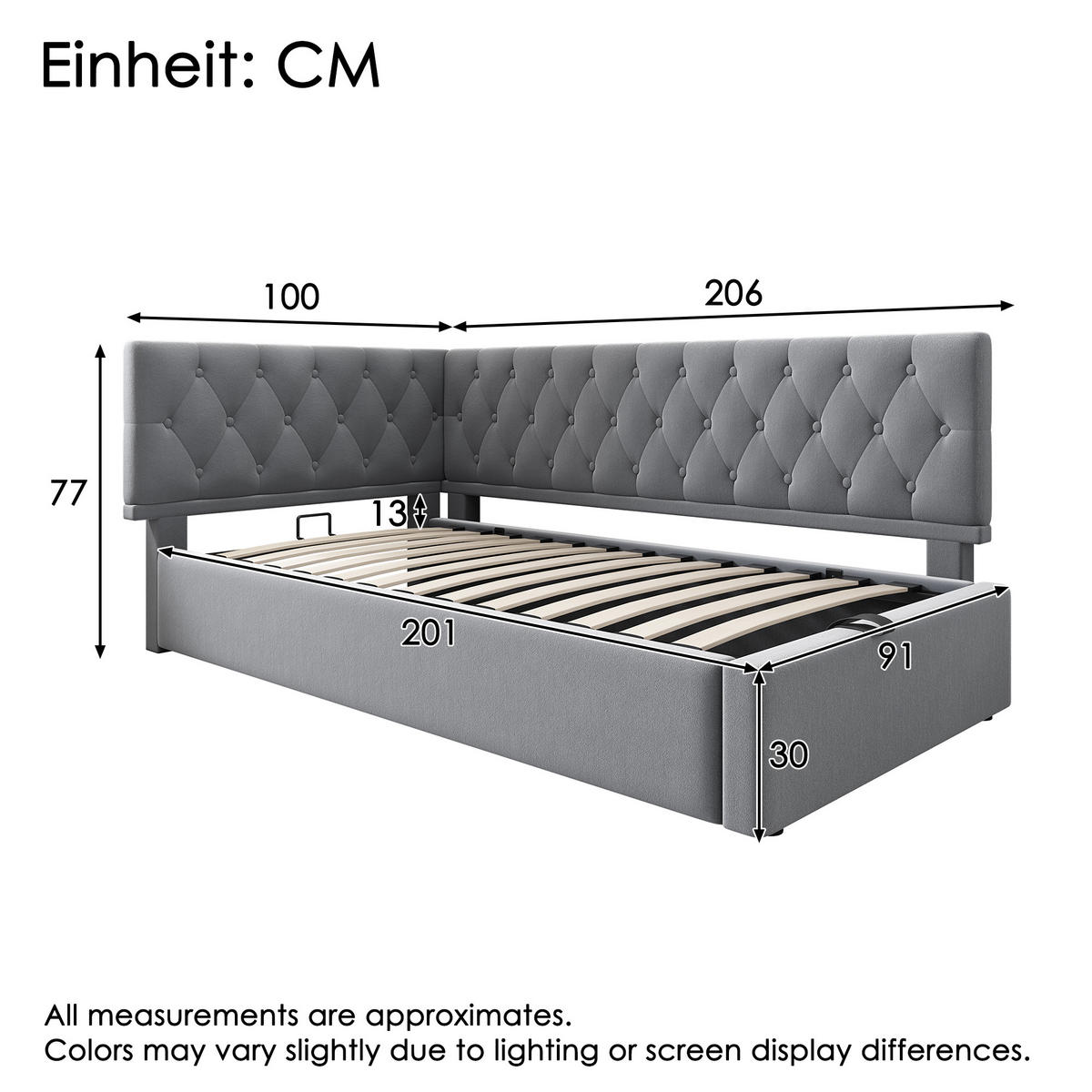 POLSTERBETT L-förmig mit Stauraum Samt Grau 90/200 cm - Grau, Textil (90/200cm) - OKWISH