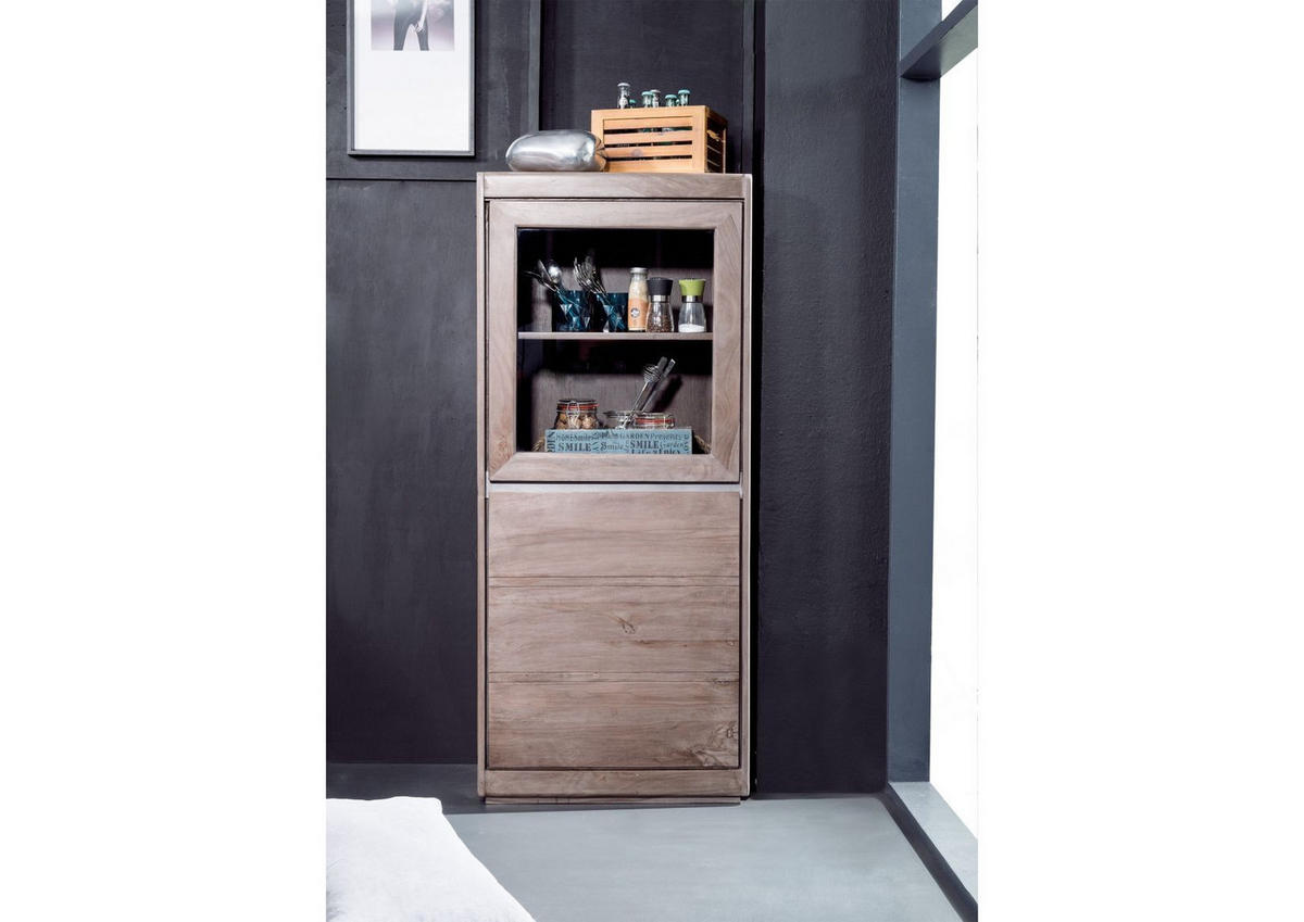 VITRINE Sheesham 63x40x147 smoked oak lackiert SYDNEY #205 - Grau, Holz (63/147/40cm) - Massivmoebel24