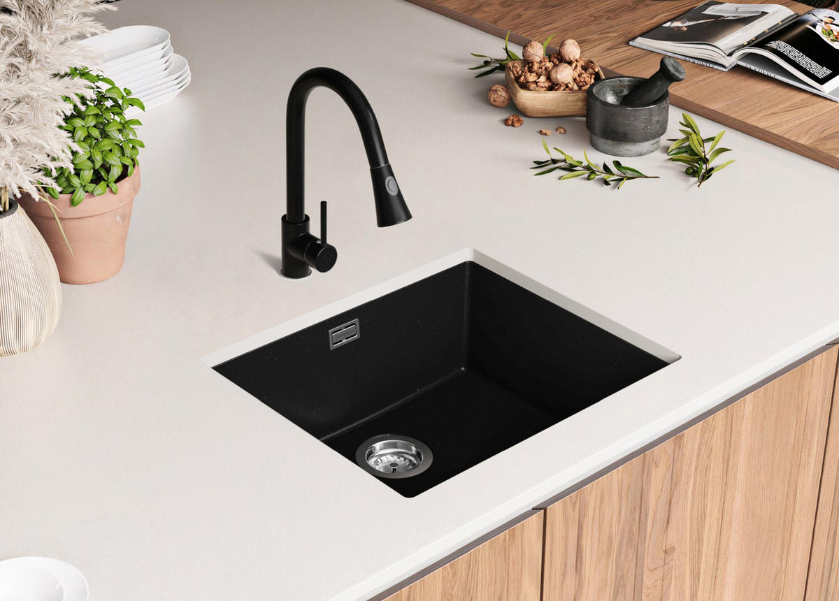 UNTERBAUSPÜLE GRANIT London, 2-er set Schwarz Metallic 56/47 cm 1 Becken + Ablauf-Set ab 60er Unterschrank - Chromfarben/Schwarz Hochglanz, Kunststoff (56/20/47cm) - Primagran