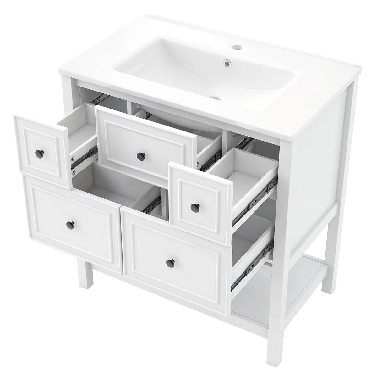 FREISTEHENDER Waschtisch aus MDF und Keramik 76x46,5x82 cm Weiß mit 5 Schubladen und offenem Stauraum - Weiß, Keramik (76/82/46.5cm) - Modfu