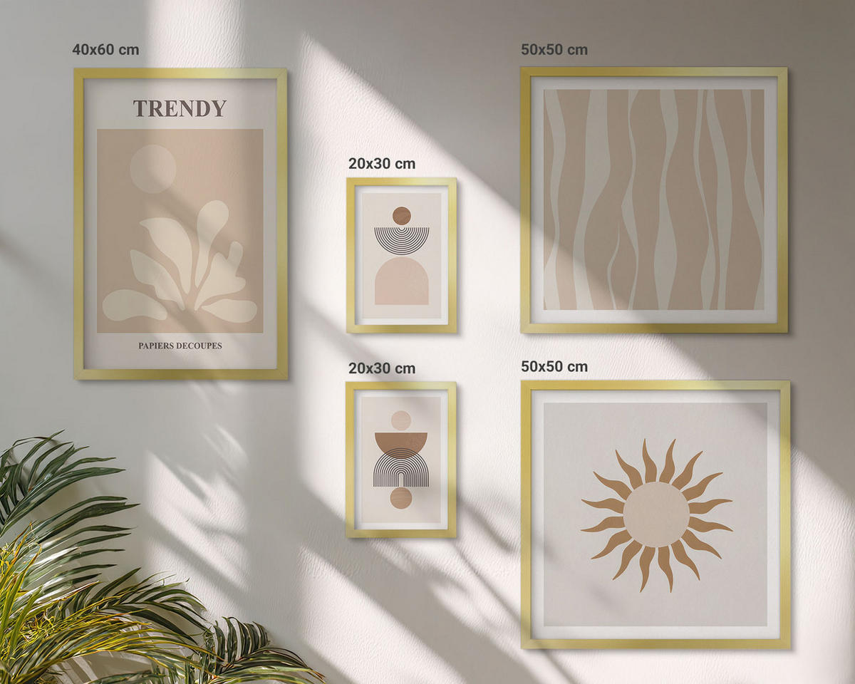WANDBILDER 5er Set - 50x50 cm & 20x30 cm & 40x60 cm Goldrahmen - Stilvolle abstrakte Beigetöne - Goldfarben, Kunststoff (40/60cm) - ArtPrintCave