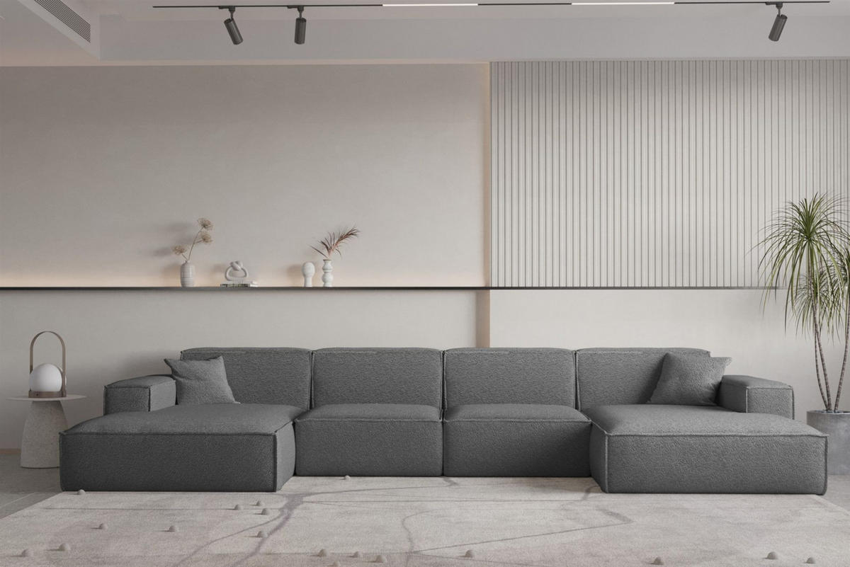 WOHNLANDSCHAFT Celes Premium Bukla - Graphitfarben, Holzwerkstoff/Textil (379/73/165cm) - Fun Möbel