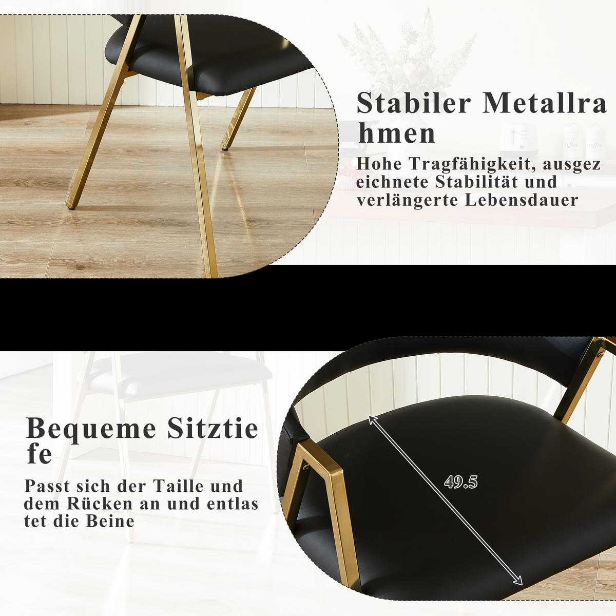 ESSZIMMERSTUHL 2er-Set mit PU-Bezug und Goldrahmen, Schwarz - Schwarz, Textil (56/77/59cm)