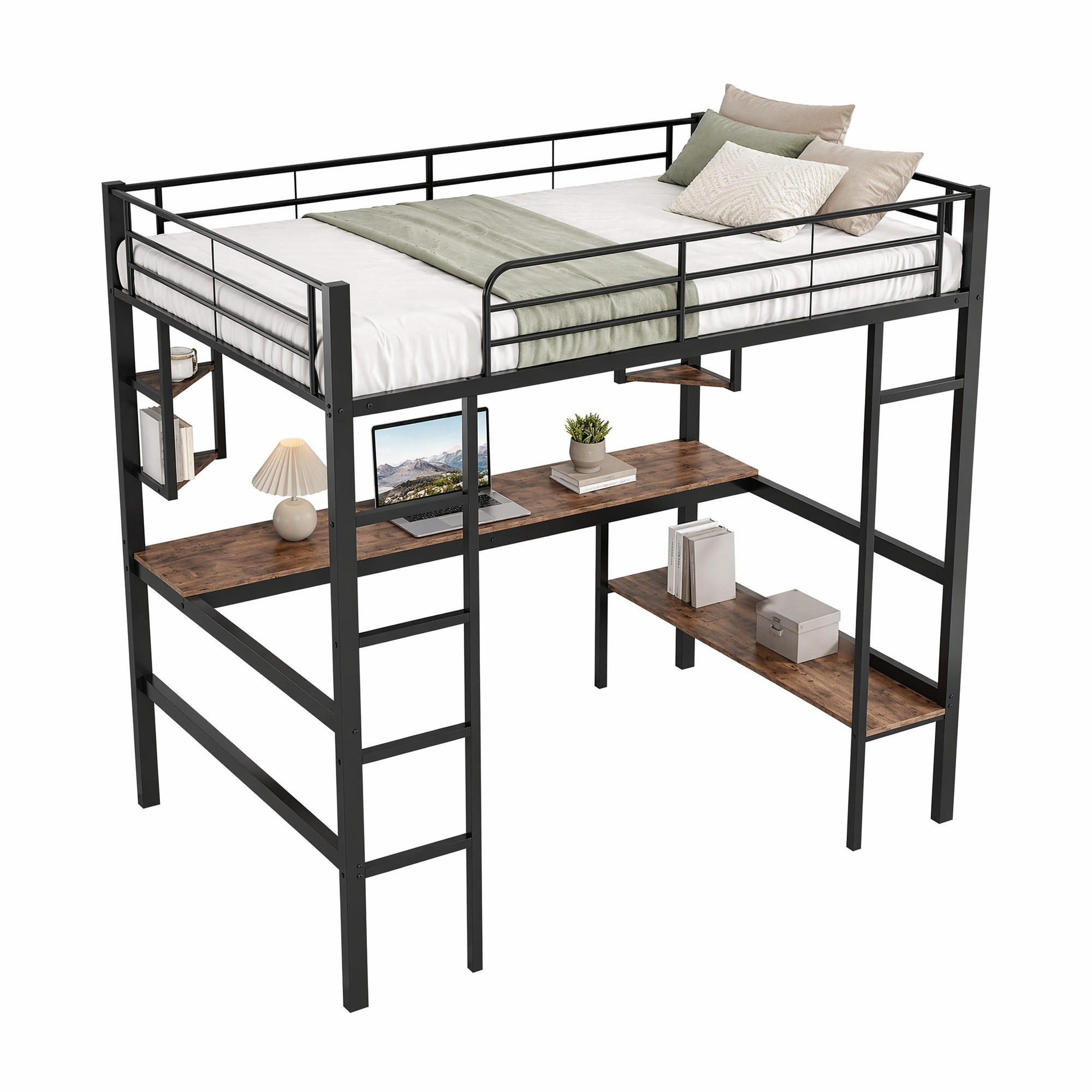 HOCHBETT 90/200 cm Schwarz aus Metall mit Schreibtisch und Regalen - Schwarz, Metall (90/200cm) - OKMYHOME