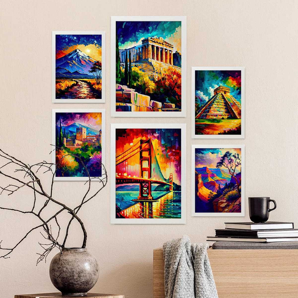 POSTER Set Mit 6 Ästhetisch Im Ölgemälde Stil A3 & A4 Weißer Rahmen - Weiß, Papier (29/3cm) - Nacnic