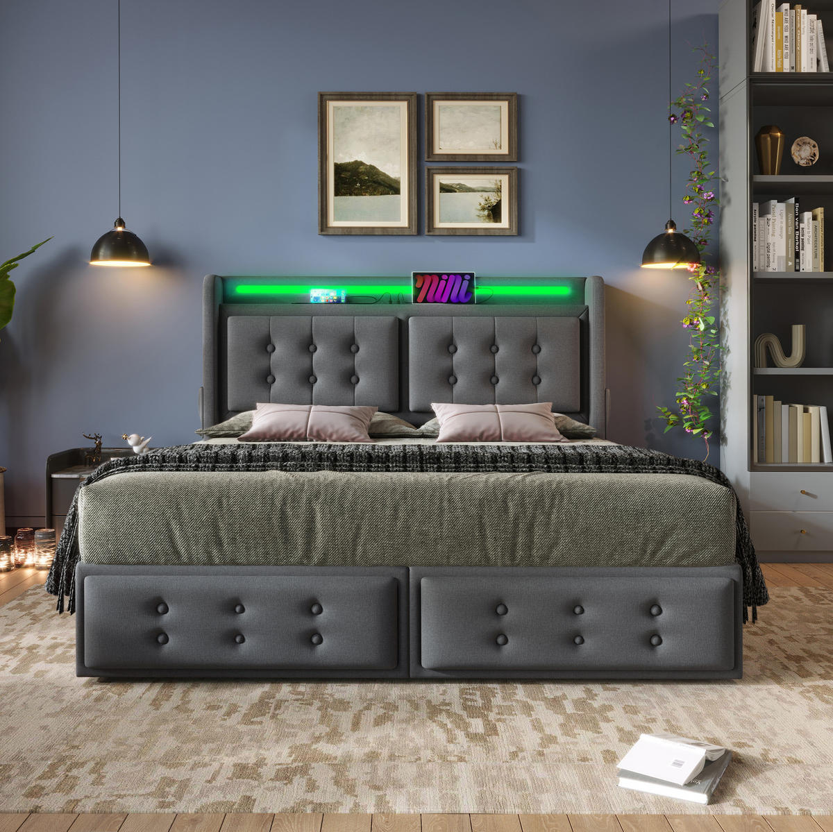 POLSTERBETT mit LED und 4 Schubladen 140x200 cm Baumwoll-Leinen Grau - Grau, Metall (140/200cm) - Meubliv