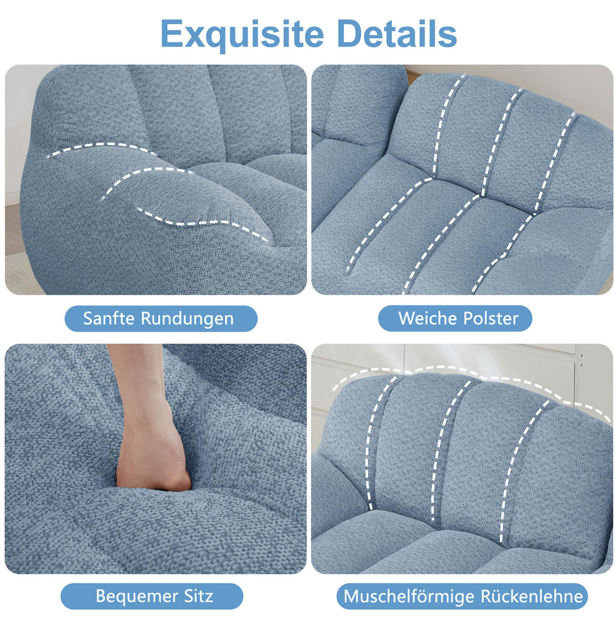 MODULARES Ecksofa mit 3 Sitzplätzen aus granuliertem Fleece in Blau 288x165x79 cm mit 2 Ottomanen - Blau, Textil (165/288cm) - IVMEU