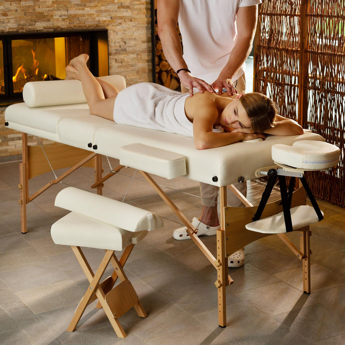 MASSAGELIEGE-SET 3 Zonen Somwang,218 x 102 x 90 cm,beige - Beige, Textil (108/90/218cm) - tectake