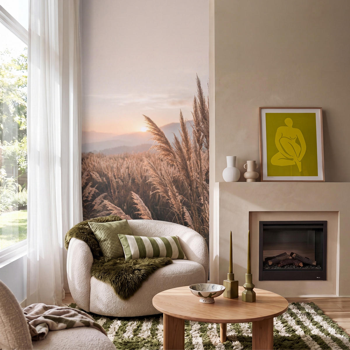 TAPETE - Gras - Feld - Sonne - Natur - 100x220 cm - Sandfarben, Papier (100/220cm) - OnlyWow
