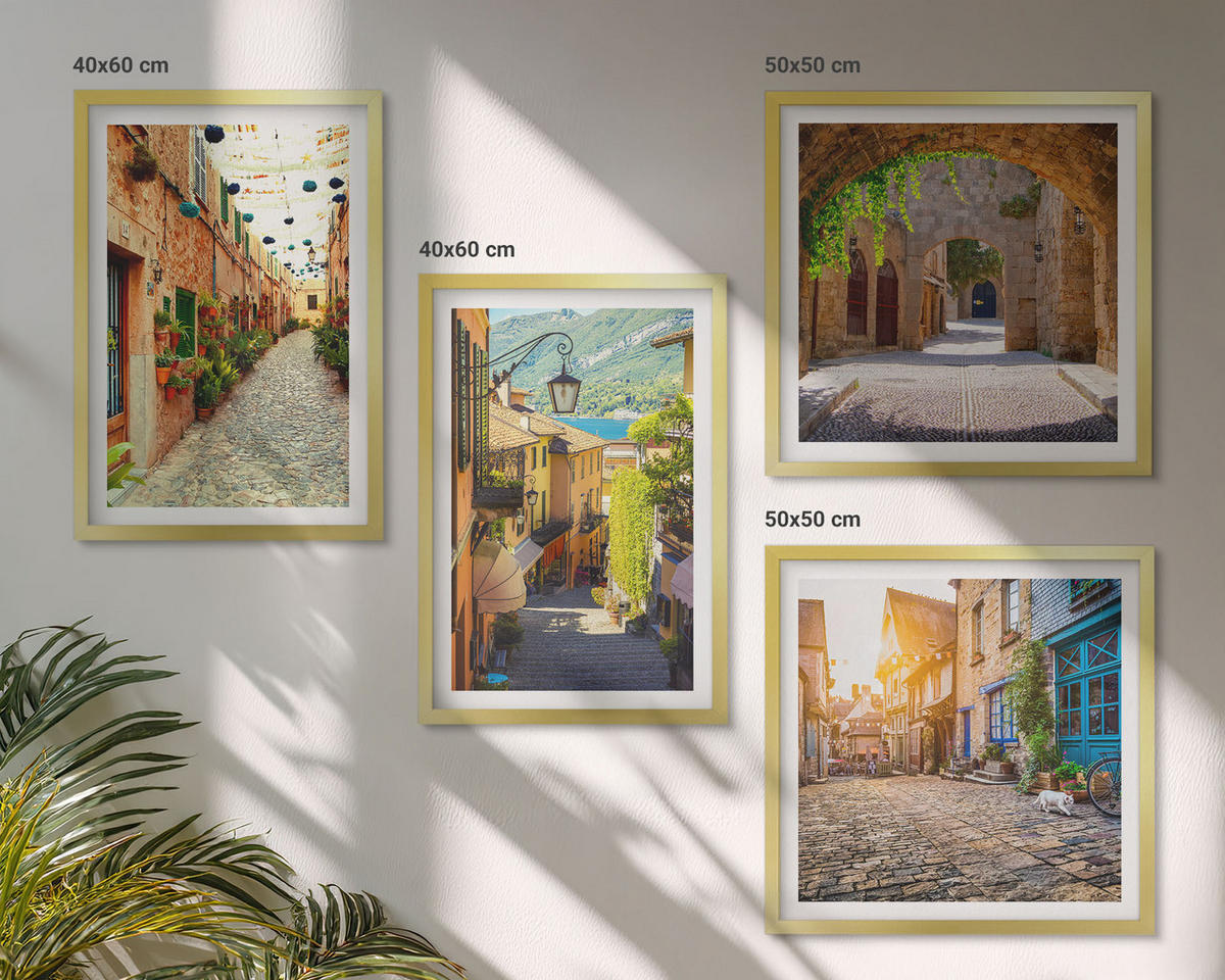 BILDER SET 4er Set - 50x50 cm & 40x60 cm Goldrahmen - Charmante Straßen mit Steinen - Goldfarben, Kunststoff (50/50cm) - TULUP