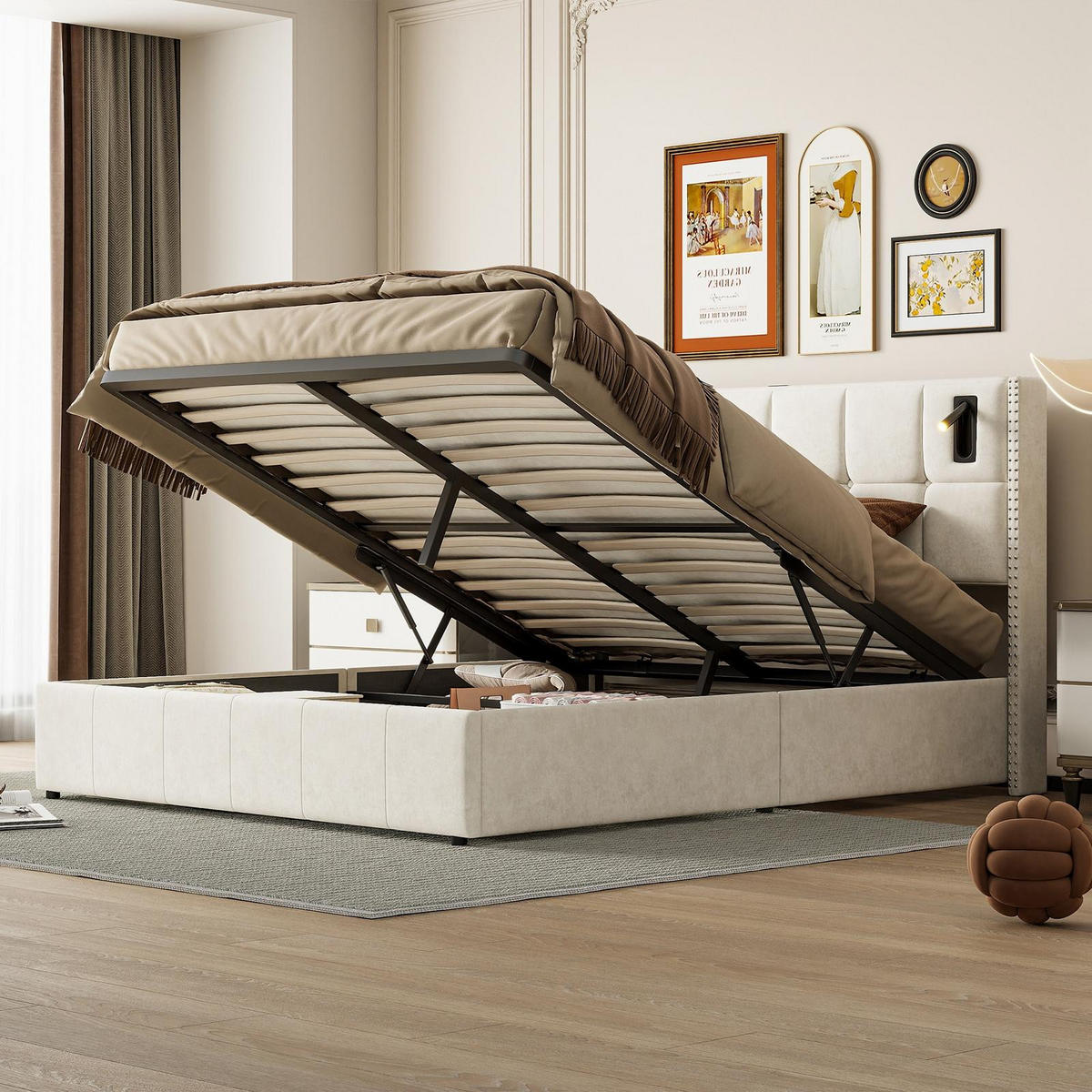 BETT mit Stauraum 140/200 cm, mit 2 zylindrischen LED-Lampen, Stauraum, USB-A/C-Aufladung, Holzlattenrost, Metallrahmen, gepolstertes Samtbett – Beige - Beige, Holzwerkstoff (140/200cm) - Brevoria