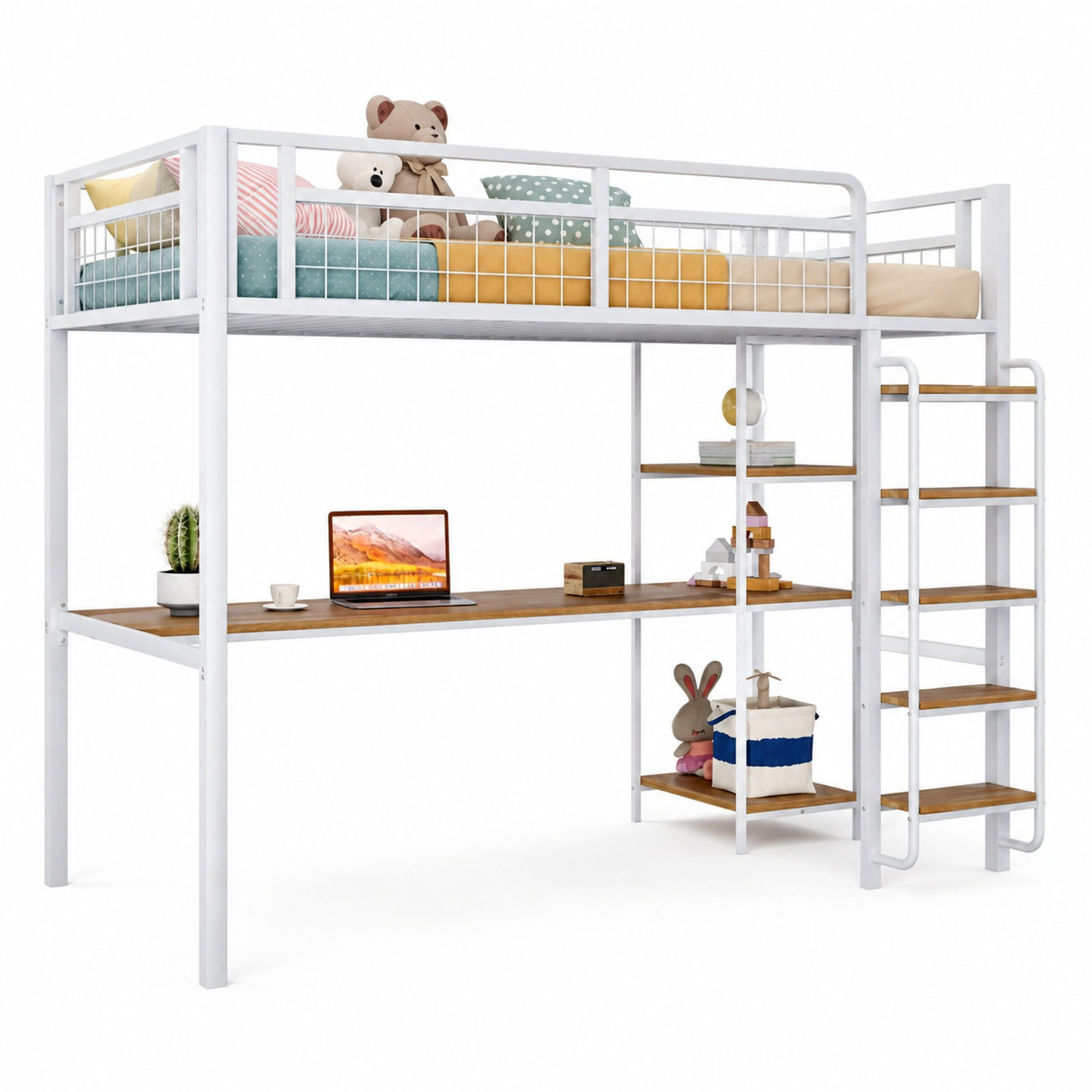 HOCHBETT 90/200 mit Schreibtisch, Regalen und Sicherheitsleiter in Weiß - Weiß, Holz/Metall (90/200cm) - EVRYAE