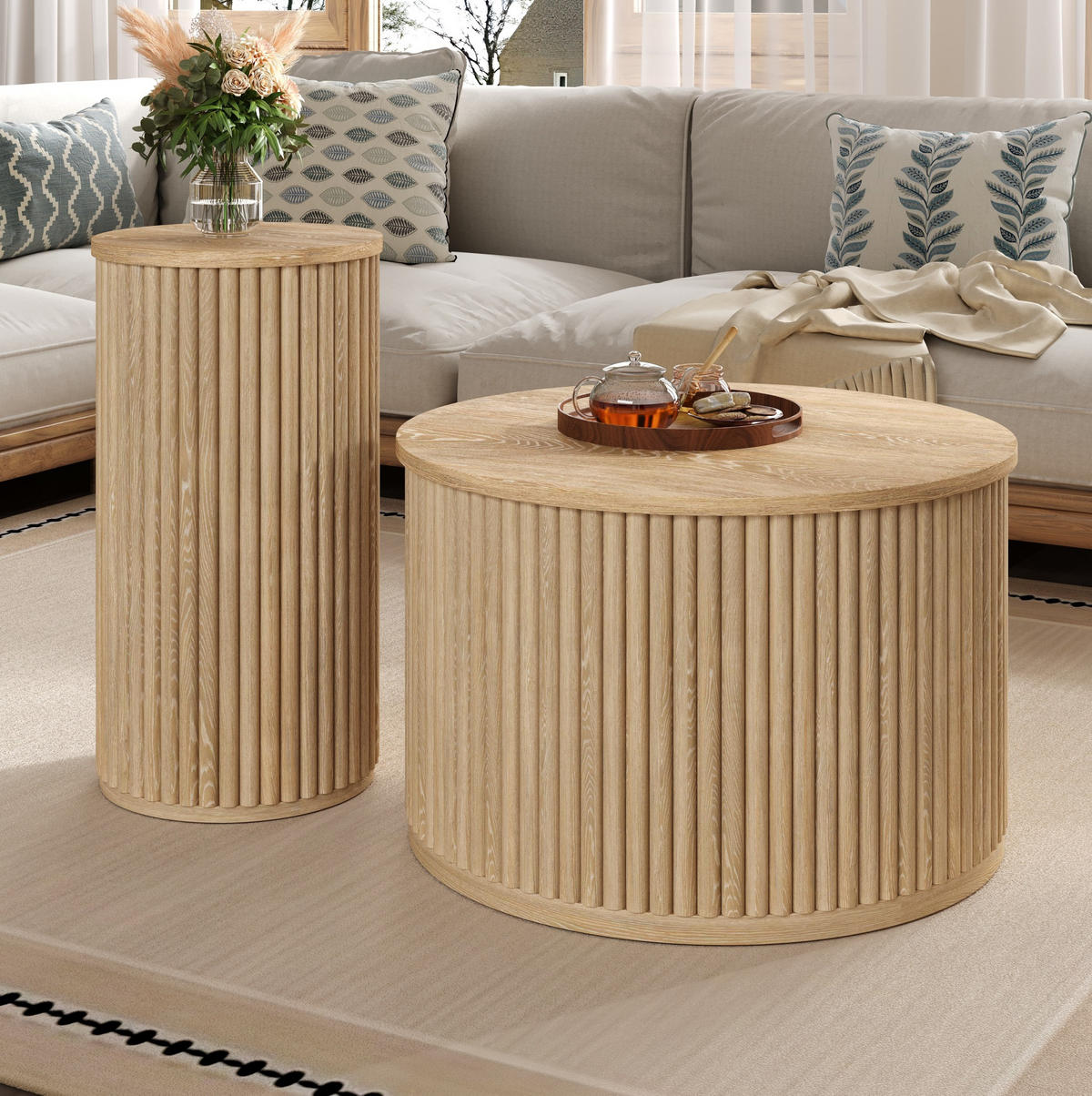COUCHTISCH-SET aus MDF 60x60x38,5 cm und 30x30x56 cm Natur mit 3D-Streifenmuster - Naturfarben, Holzwerkstoff (60/60/38.5cm) - IVMEU