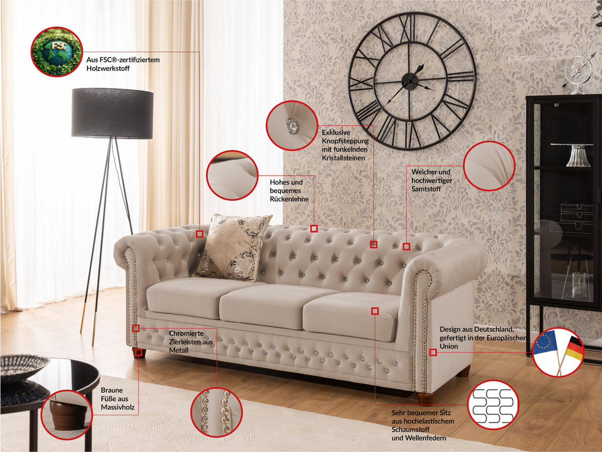 SITZGARNITUR 3+2 Chesterfield Cleo Blink Beige Samt mit Kristallsteppung und braunen Massivholzfüßen - Beige/Braun, Holz/Textil (203/72/86cm) - S-Style Möbel