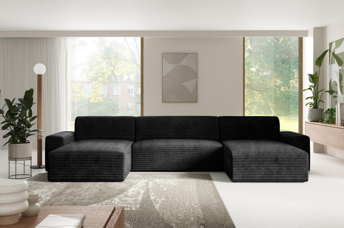 WOHNLANDSCHAFT mit Schlaffunktion Schwarz - Schwarz, Holz/Holzwerkstoff (300/70/185cm) - Furnisell