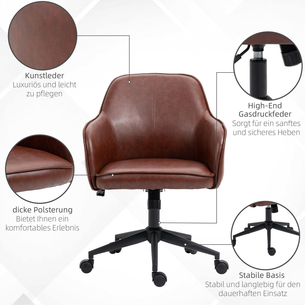 BÜROSTUHL mit Wippfunktion Höhenverstellbarer Schreibtischstuhl mit Rollen - Braun, Kunststoff (62/91/58.5cm) - Vinsetto