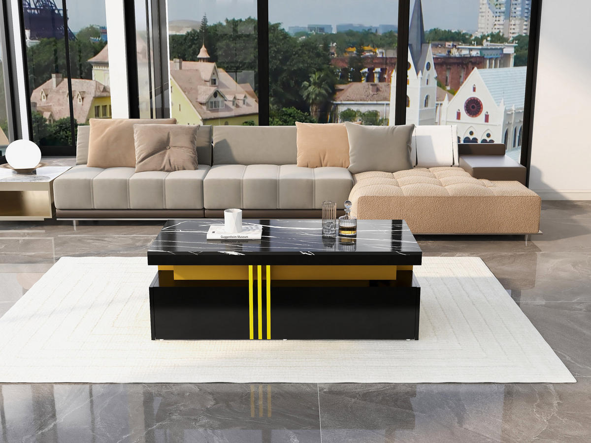 COUCHTISCH Schwarz Marmoroptik Hochglanz 2 Schubladen 100/50/40 cm - Schwarz, Holzwerkstoff (50/100/40cm) - PANGIVO