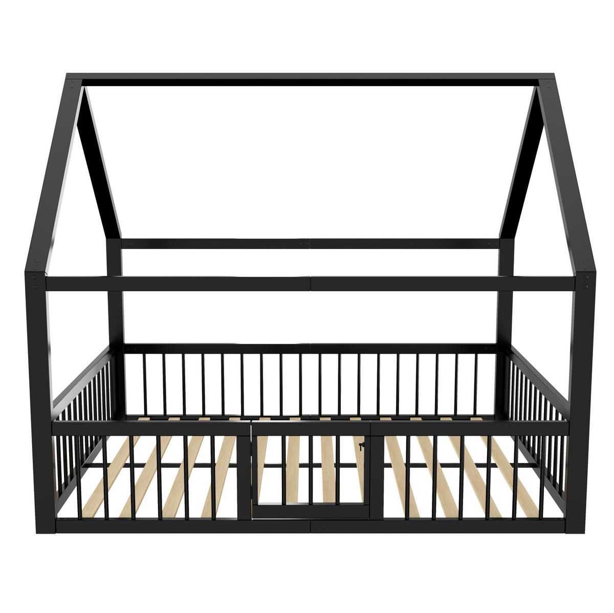 KINDERBETT 140/200 cm aus Metall mit Dachgestell, Sicherheitsgeländer und Tür, Schwarz - Schwarz, Metall (140/200cm) - Redom