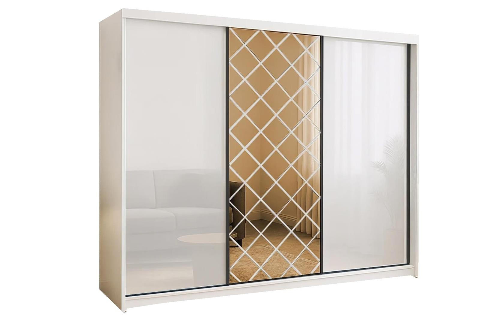 KLEIDERSCHRANK Karo 250 Weiß, dreitüriger Schiebeschrank mit Spiegel - Weiß, Holzwerkstoff (250/216/62cm) - Bettso