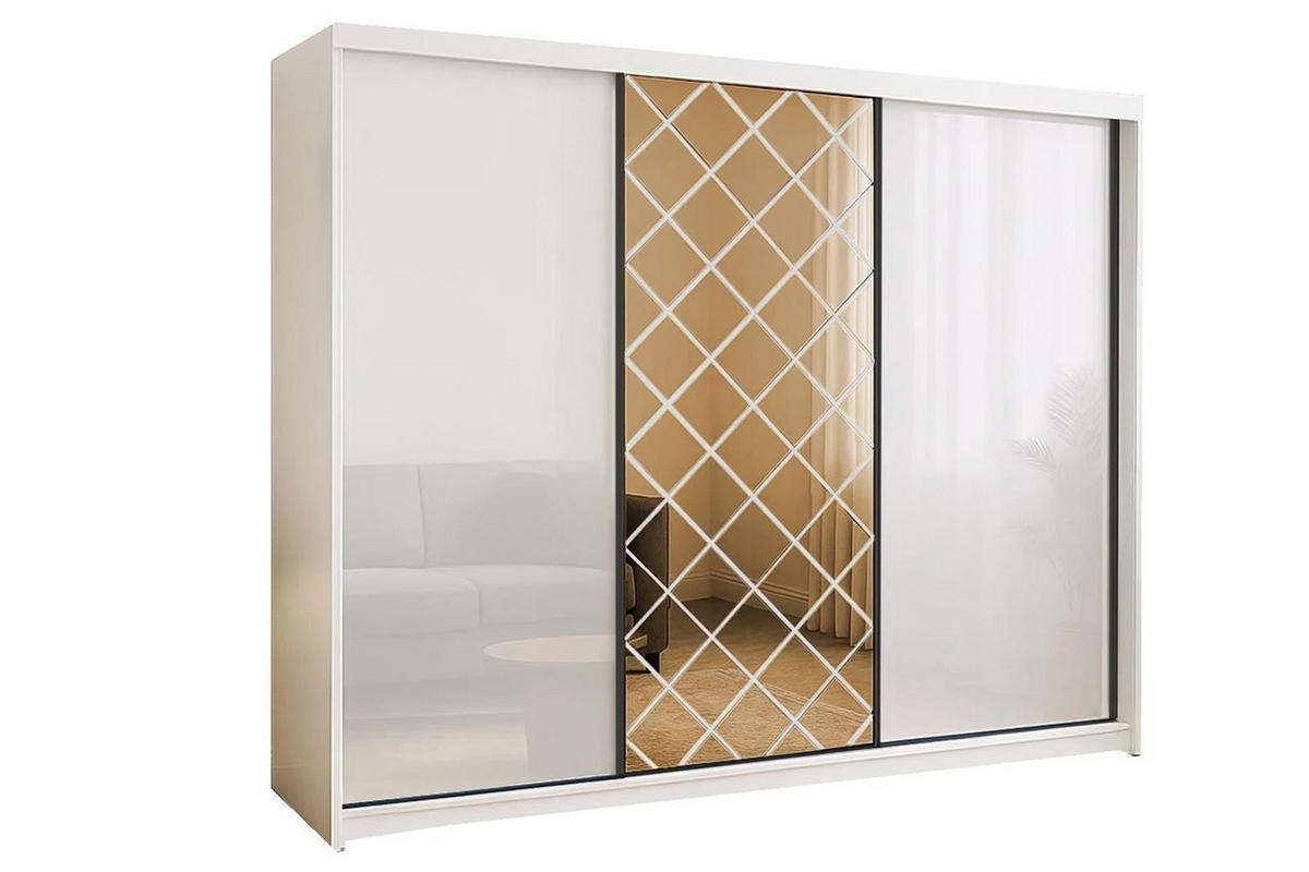KLEIDERSCHRANK Karo 250 Weiß, dreitüriger Schiebeschrank mit Spiegel - Weiß, Holzwerkstoff (250/216/62cm) - Bettso
