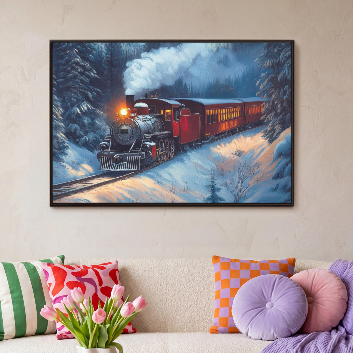LEINWAND Bilder mit Rahmen - Zug - Weihnachten - Schnee - Weihnachtszug - 90x60 - Anthrazit, Textil (90/60cm) - MuchoWow