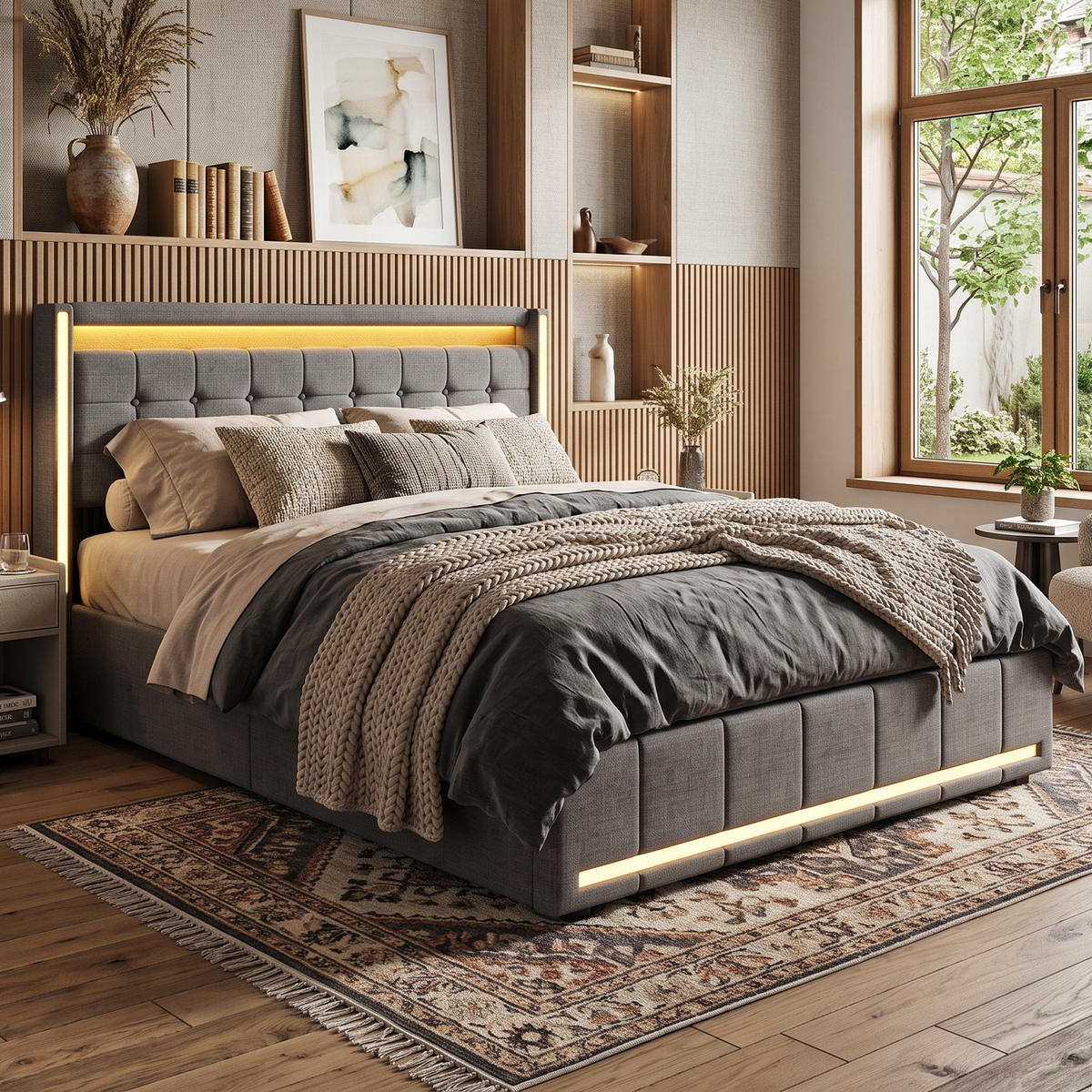 POLSTERBETT Geometrisch 180/200 cm mit 4 Schubladen & App-LED Leinenoptik Grau - Grau, Textil (180/200cm) - Creahappy
