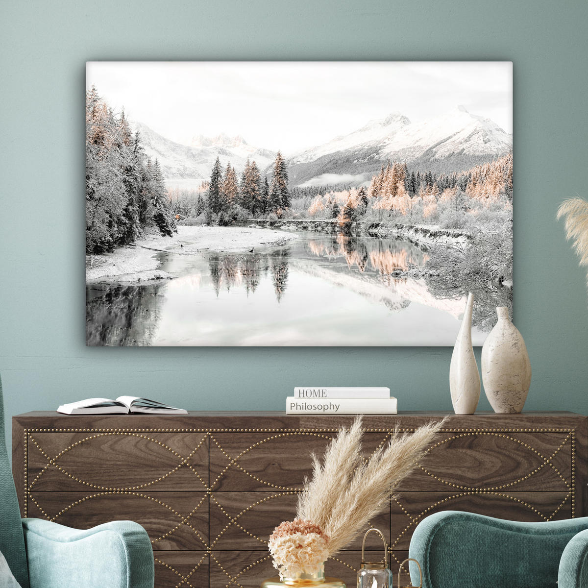 LEINWANDBILD Natur - Winter - Bäume - Berge - Schnee Wohnzimmer 120x80 cm - Weiß Hochglanz, Textil (120/80cm) - MuchoWow