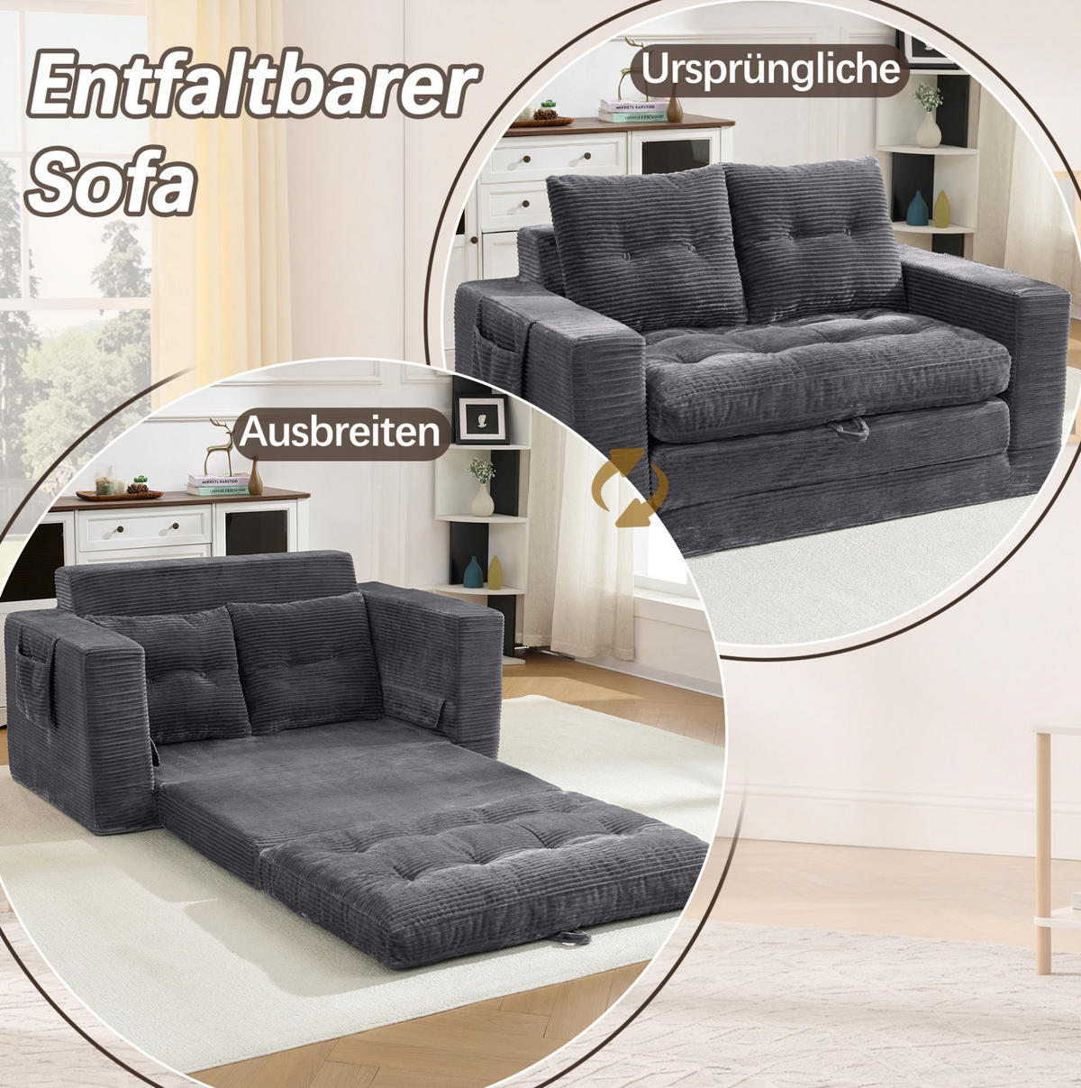 SOFA ausziehbar 2-Sitzer mit Seitentaschen Cord Dunkelgrau - Dunkelgrau, Kunststoff (140/67/85cm) - Meubliv