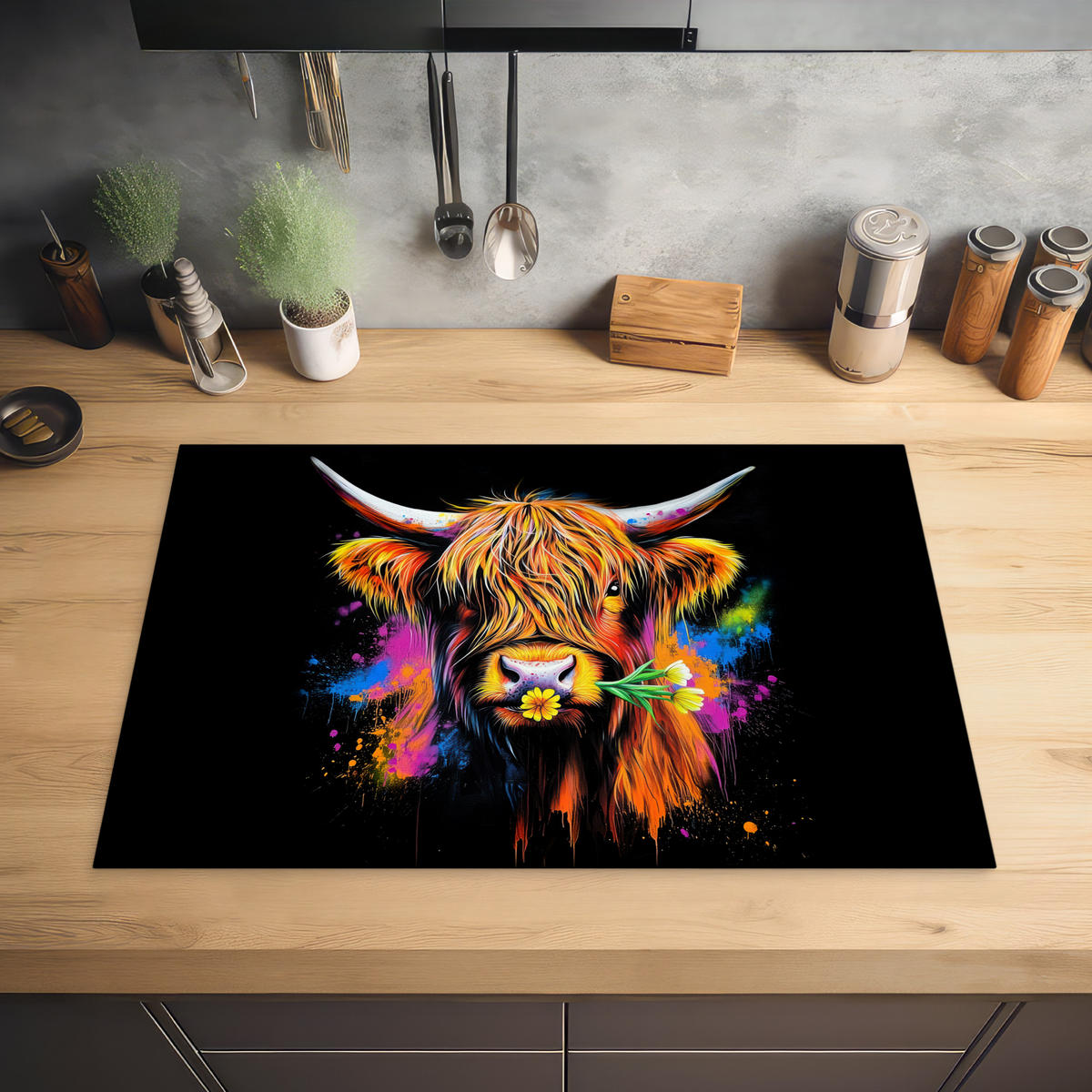 HERDABDECKPLATTE Schottischer Highlander - Graffiti - Bunt - Blume - Tiere Induktionsmatte 77x51 cm - Multicolor, Kunststoff (77/51/0.2cm) - MuchoWow