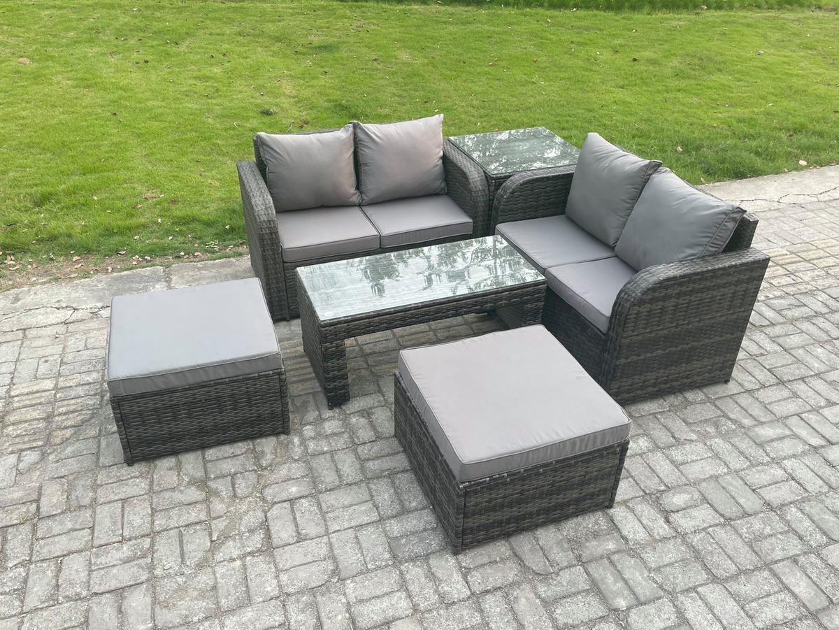 GARTENMÖBEL SET mit Sofa Polyrattan 6-Sitzer Dunkelgrau - Dunkelgrau/Grau, Glas/Kunststoff - Fimous