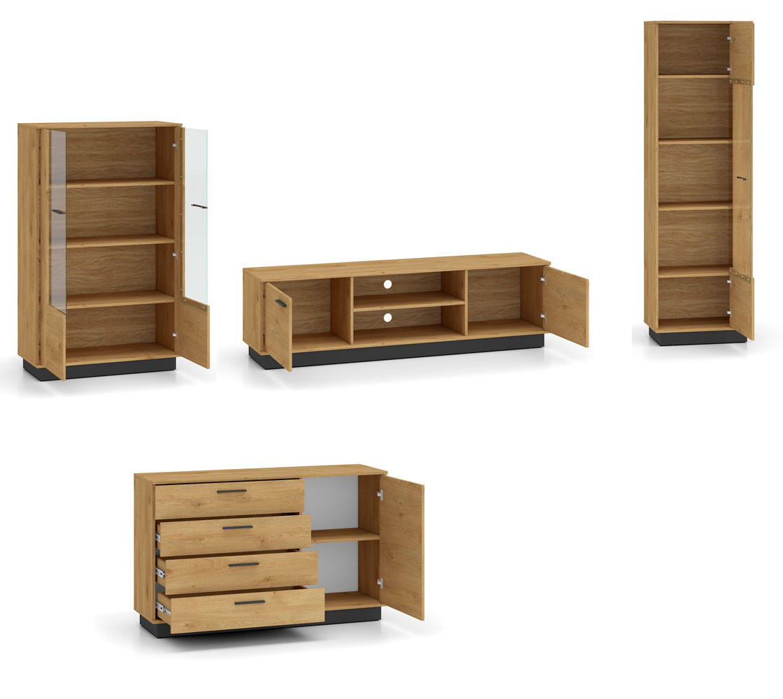 WOHNZIMMER-SET Modesto Eiche Style hell / schwarz 4-teilig - Hellbraun/Eichefarben, Holz/Holzwerkstoff (460/196/40cm) - Feldmann-Wohnen