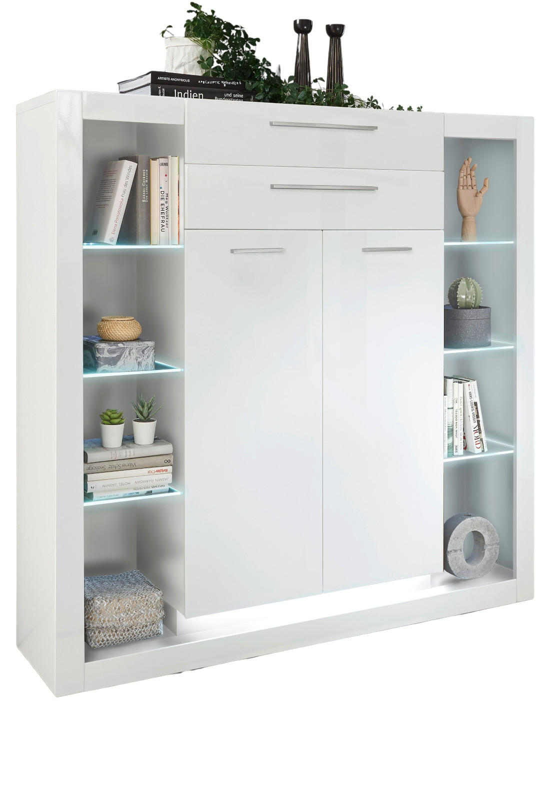 HIGHBOARD weiß Hochglanz 141 cm, Vitrine mit 11 Fächern - Weiß Hochglanz/Silberfarben, Glas/Holzwerkstoff (141/139/37cm) - Furn.Design
