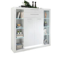 HIGHBOARD weiß Hochglanz 141 cm, Vitrine mit 11 Fächern - Weiß Hochglanz/Silberfarben, Glas/Holzwerkstoff (141/139/37cm) - Furn.Design