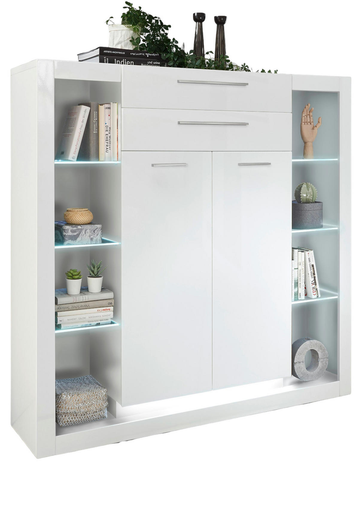 HIGHBOARD weiß Hochglanz 141 cm, Vitrine mit 11 Fächern - Weiß Hochglanz/Silberfarben, Glas/Holzwerkstoff (141/139/37cm) - Furn.Design