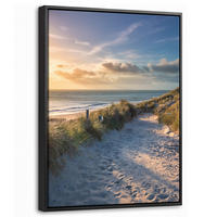 LEINWAND Bilder mit Rahmen - Sonnenuntergang - Strand - Düne - Gras - Ufer - 30x40 - Sandfarben, Textil (30/40cm) - MuchoWow