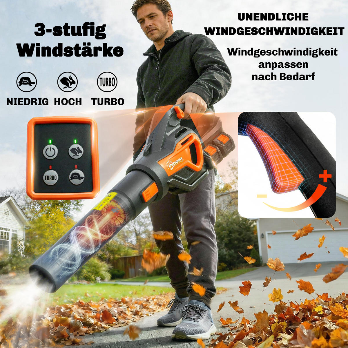 LAUBSAUGER mit Akku aus Kunststoff Orange Schwarz - Orange, Kunststoff (22/16/102cm) - Outsunny